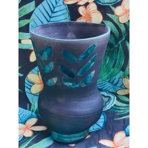 Raku Pottery Vase with Green Leaves on dark charcoal gray